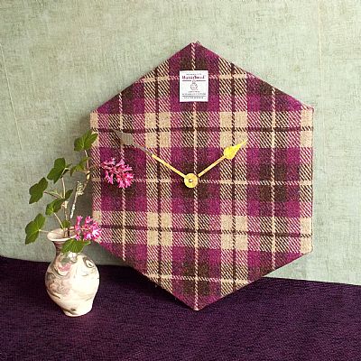 harris tweed large hexagonal clock handmade at roses workshop