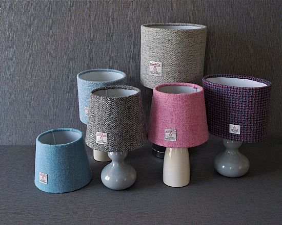 group of small harris tweed lampshades handmade at roses workshop