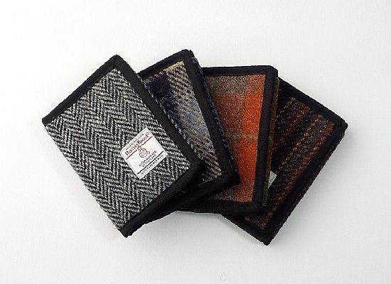 collection of harris tweed wallets handmade by roses workshop